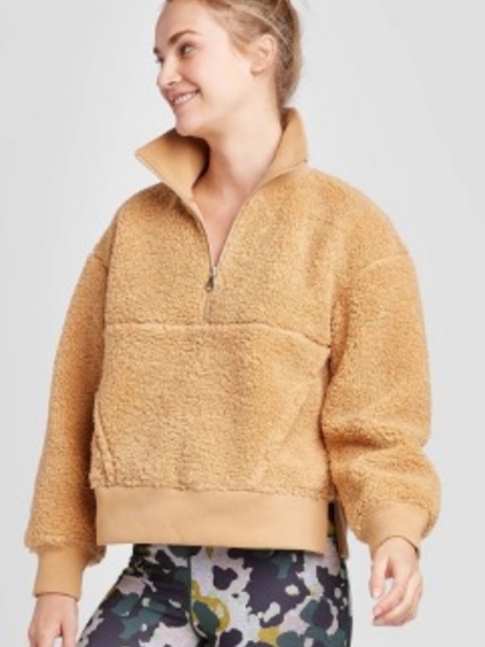 JoyLab Tan Sherpa Half-Zip Pullover Jacket